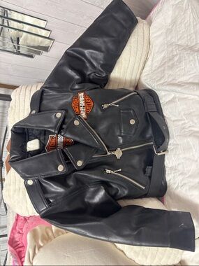 Harley-Davidson Black Leather Biker Jacket with Orange Patches